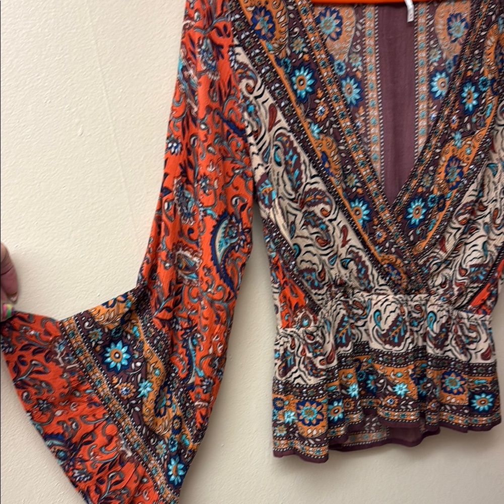 Free People Wrap Peplum Blouse in Brown and Orange Long Flared Sleeves